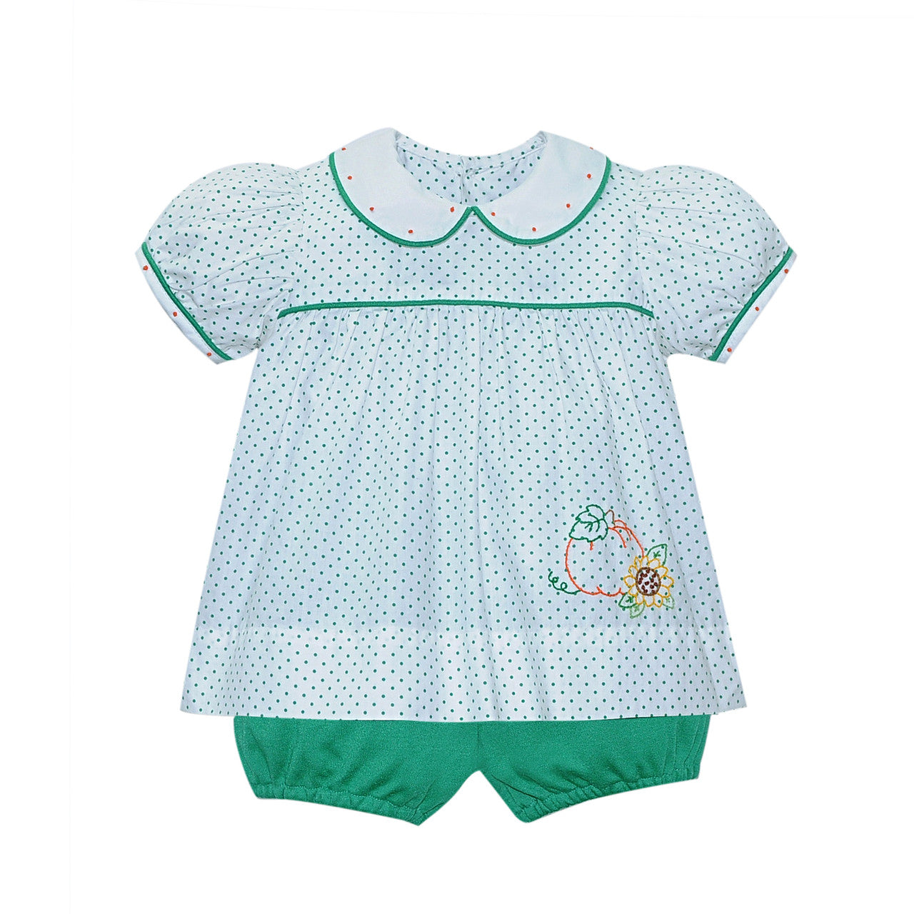 Green Dot Embroidered Pumpkin Bloomer Set and Dress