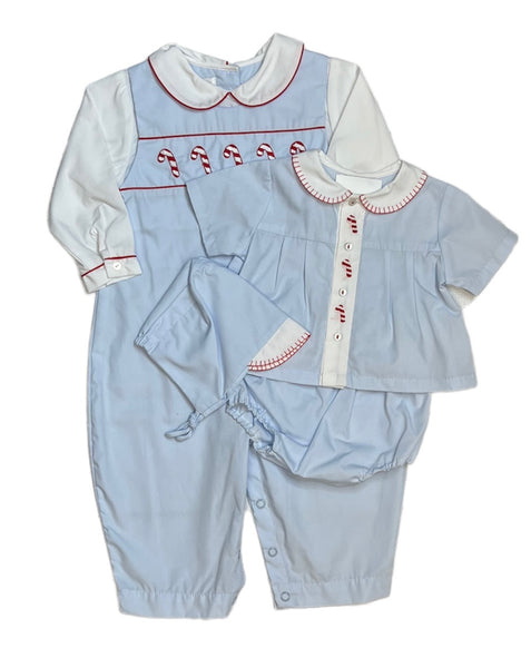 Blue Embroidered *Candy Cane* Diaper Set and Longall