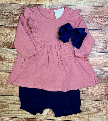 Rose and Navy Muslin Ruffle Bloomer Set