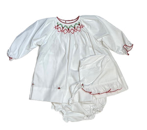 White Smocked Dress with Red Rosettes