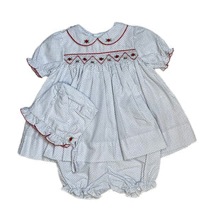 Navy Polka Dot Smocked Rosette Dress