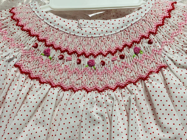 Red Dot Dress with Smocked Roses