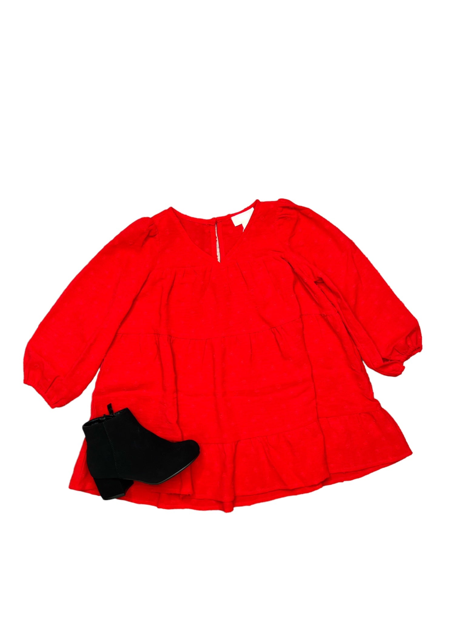 Swiss Dot Tiered Dress - Red & Camel