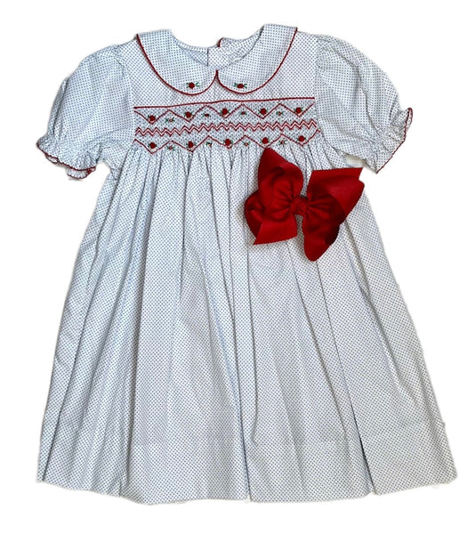 Navy Polka Dot Smocked Rosette Dress
