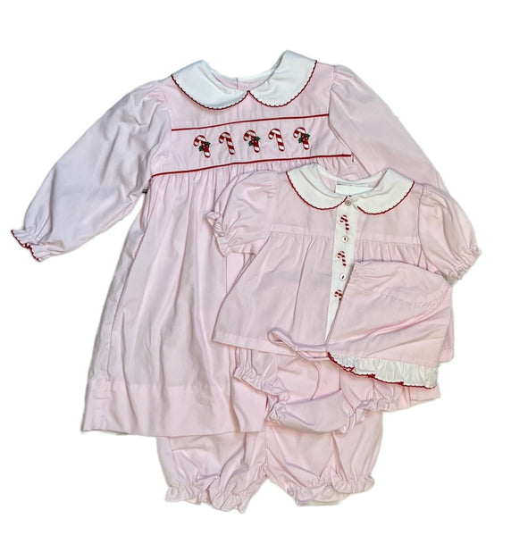 Pink Candy Cane  Embroidered Bloomer Set And Dress